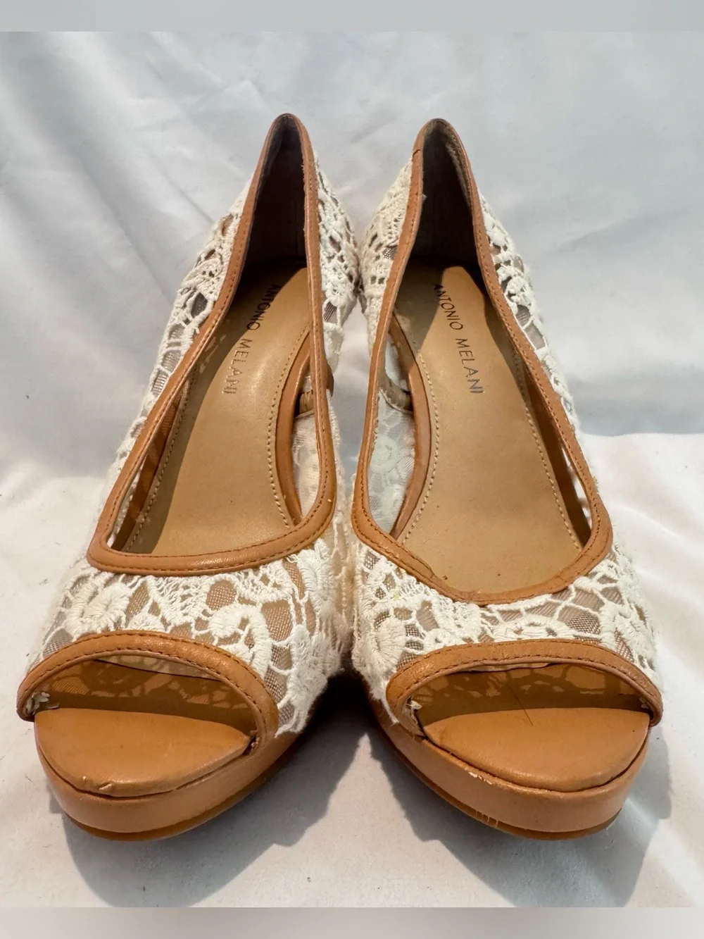 Antonio Melani White Lace Peep Toe Heels Pumps Sz 7.5 Wedding Cocktail Formal